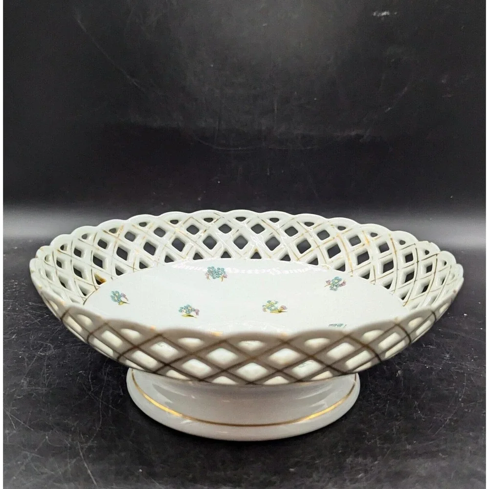 Vintage Pierced Porcelain Floral Pedestal Fruit Console Bowl Flower Floral 9